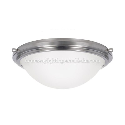 Fluorescent Winnetka Three Light Ceiling Flush Mount in Brushed Nickel with Satin Etched Glass